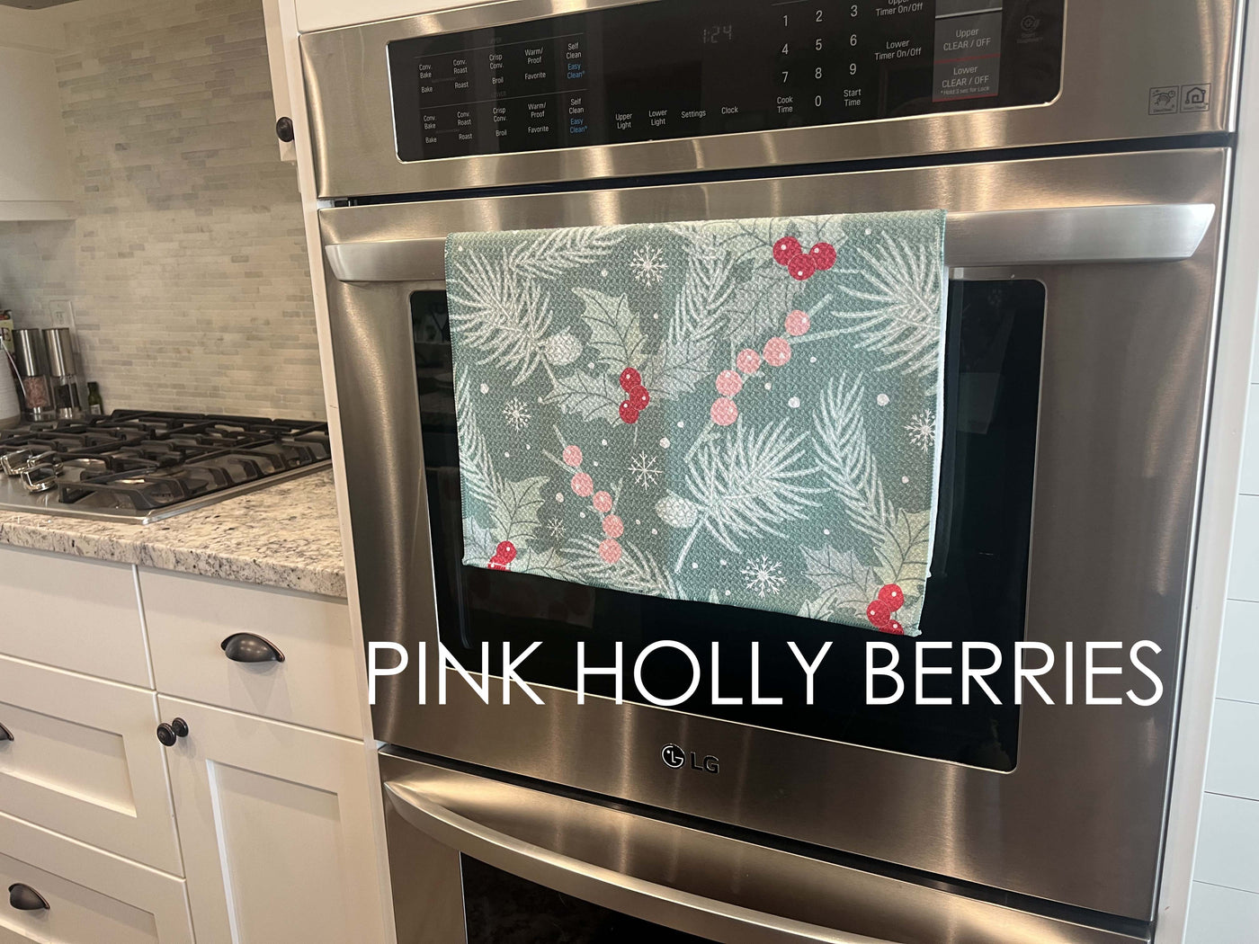 Pink Holly Berries Kitchen Towel